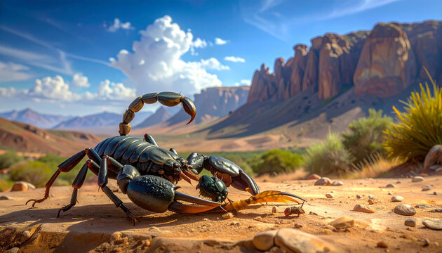 Large black scorpion in desert landscape with rocky mountain