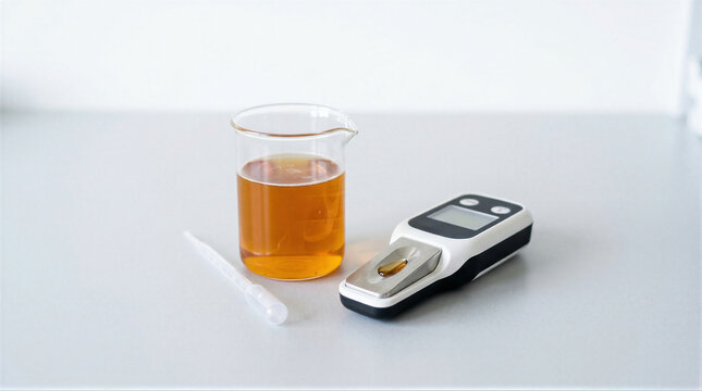 Beer density measurement using digital refractometer. Brewer testing wort quality in laboratory. Professional analysis of alcohol production standards, manufacturing equipment, light brown.