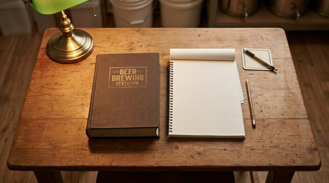 Beer brewing textbook with open notebook and pencil on vintage wooden table. Study and research guide for home brewer. Education and craft knowledge concept for fermentation process.
