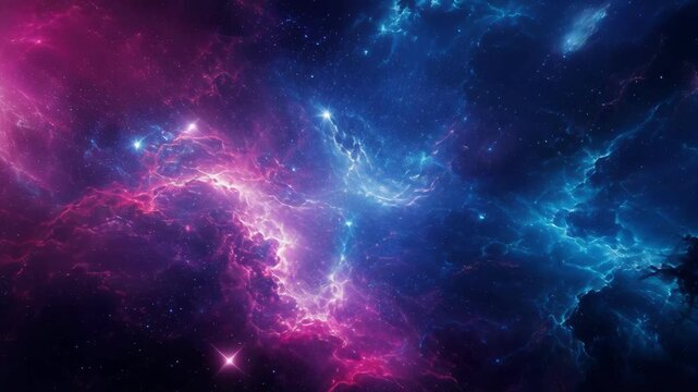 Vivid cosmic nebula with glowing pink and blue clouds and stars