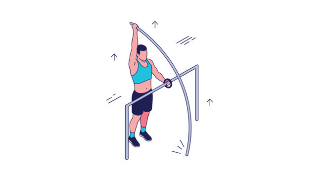 Isometric athletic person performing gymnastic exercises or training on horizontal parallel bars with motion arrows.