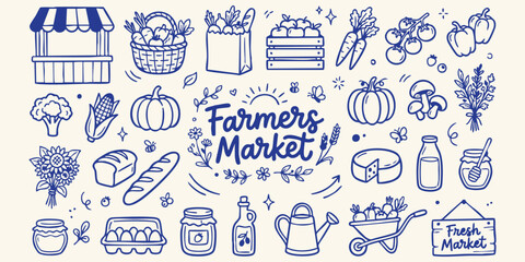Farmers market illustration with fresh produce and artisanal goods on a light background © Ishtiaq