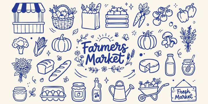 Farmers market illustration with fresh produce and artisanal goods on a light background