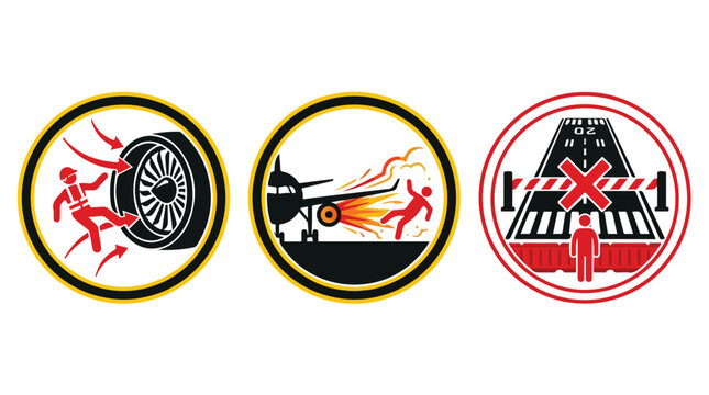 Aviation safety warning icons set, airport ground crew danger signs, jet engine intake and blast hazard symbols, runway prohibited access vector