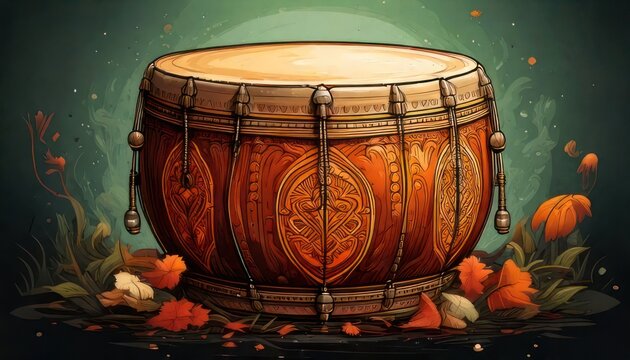 Traditional Indian Dholak Drum with Intricate Carvings and Festive Ambiance.