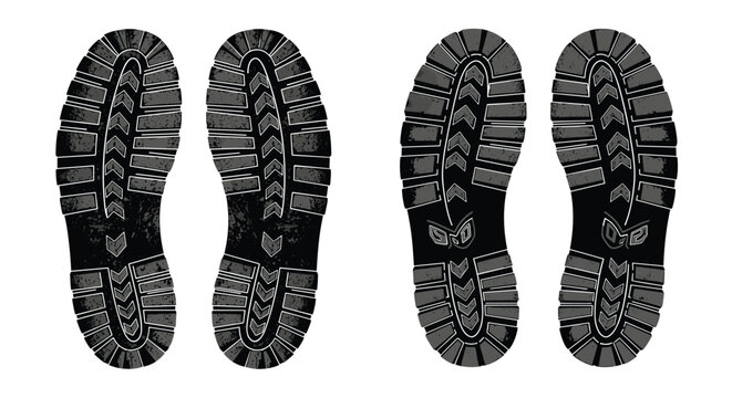 Collection of four detailed muddy shoe or military combat boot sole tread print patterns on a white background.
