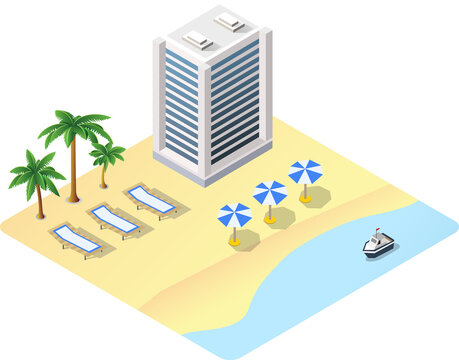 Isometric beach resort with hotel palm trees and sea
