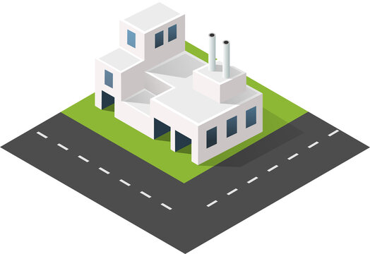 Isometric power plant factory with chimneys on road tile