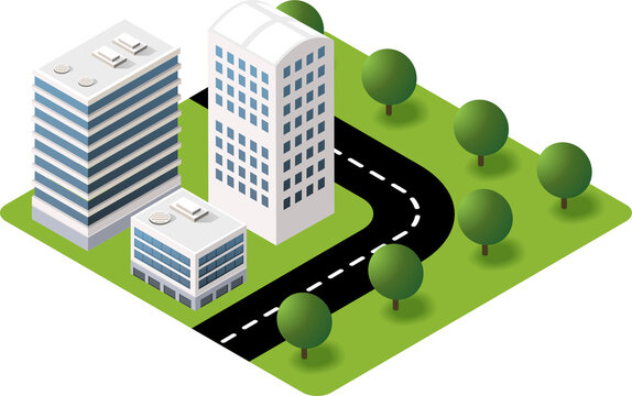 Isometric city block with curved road and modern buildings