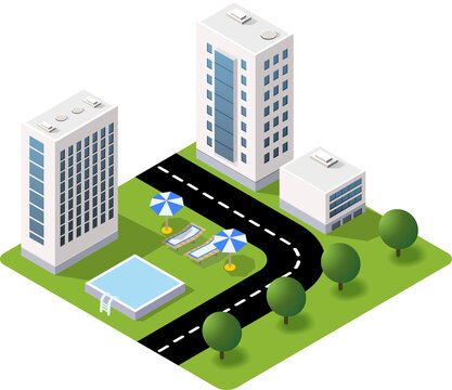 Isometric city block with curved road and modern buildings