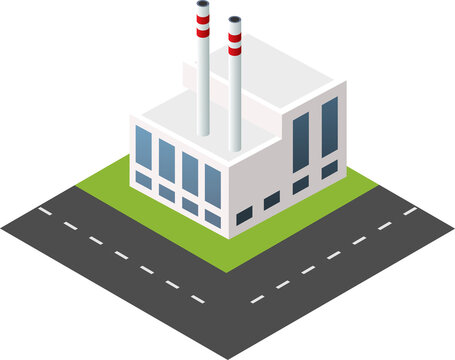 Isometric power plant factory with chimneys on road tile