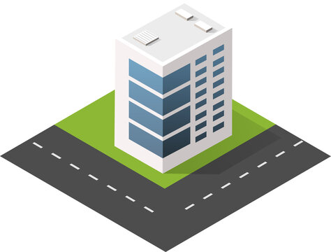 Isometric city block with curved road and modern buildings