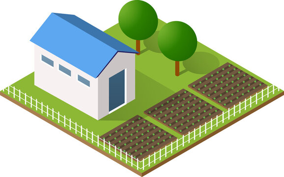 Isometric countryside house with garden and farmland