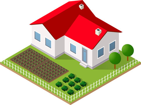 Isometric countryside house with garden and farmland