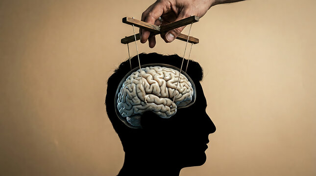 Hand manipulating a human brain with marionette strings in a conceptual studio setting