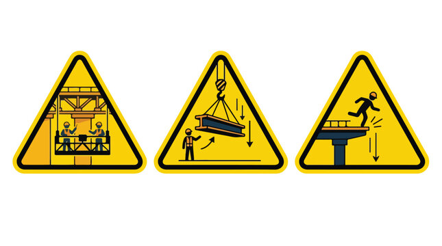 Industrial safety warning signs set, construction site hazard icons, yellow triangular caution symbols for falling objects and height risks