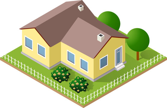 Isometric countryside house with garden and farmland