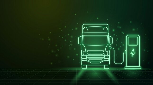 A minimalist digital illustration showing a commercial electric truck charging at a modern terminal station to a glowing green energy terminal dock