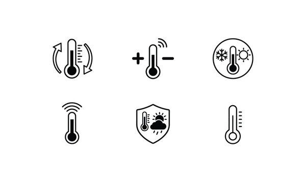 Temperature thermometer icons with various weather conditions.