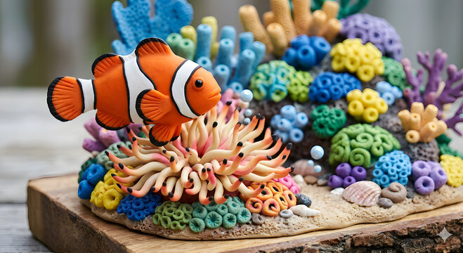 Cute clownfish in sea anemone made of clay art on wooden board, colorful coral reef backgroun