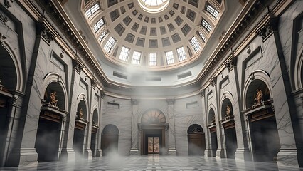 Obraz premium Steam-filled marble hall with a domed ceiling and soft diffused light from above.