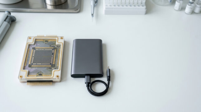 Medical external hard drive and electronic circuit board white lab desk showing compact storage