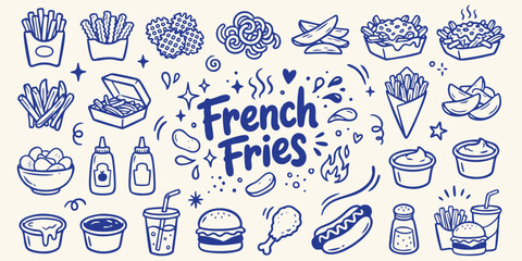Hand drawn doodle icons of french fries and fast food elements with blue ink on a beige background symbolizing casual dining and quick snacks © Ishtiaq