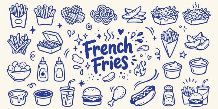 Hand drawn doodle icons of french fries and fast food elements with blue ink on a beige background symbolizing casual dining and quick snacks