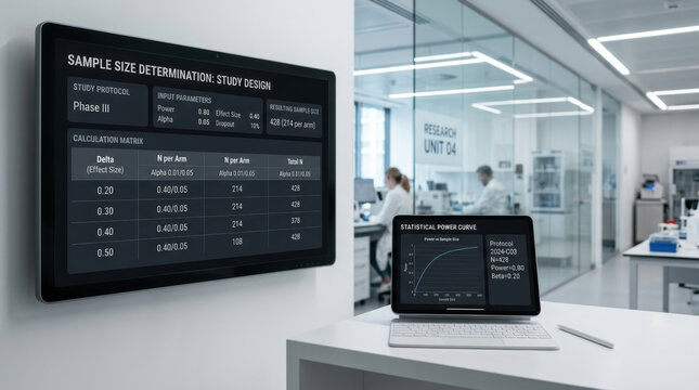 Medical laboratory research workspace with statistical charts and sample size data screens