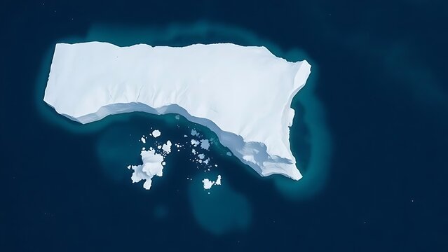 A large iceberg breaking from a glacier into a deep blue ocean.