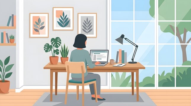 Woman working from home office with plants and natural light