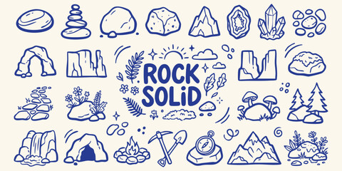 Hand drawn rock elements and nature icons with text 'ROCK SOLID' in a whimsical doodle style for graphic design © Ishtiaq