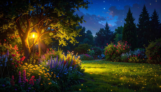 Night garden with fireflies and colorful flowers under starry sky