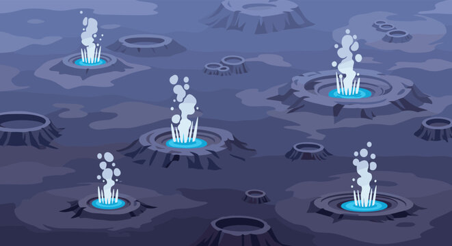 Pixel art illustration of active hydrothermal geysers erupting steam on a volcanic planet surface with craters.