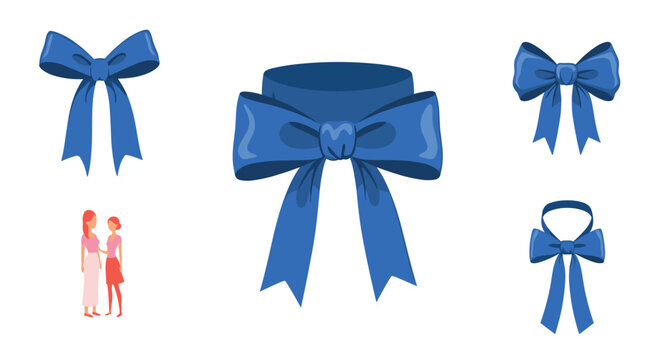 Set of five elegant blue ribbon bows in different shapes, with a miniature female figure for scale comparison.