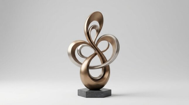 A metallic sculpture with a golden and silver finish, featuring a complex, interwoven design, set against a plain white background.