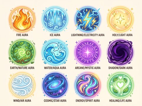 Collection of twelve mystical and elemental aura icons including fire, ice, lightning, holy, earth, water, arcane, shadow, wind, cosmic, energy, and healing.