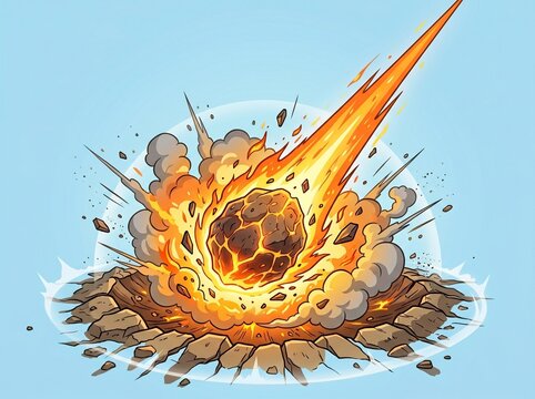 Vibrant cartoon illustration of a fiery meteor or asteroid crashing into the ground, causing a massive explosion, smoke, and debris.
