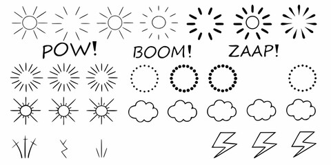 Explosion and weather effect line illustrations on a white background © Savankar