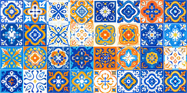 Floral ornament pattern with blue and orange geometric tiles