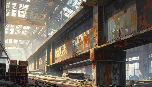 Abandoned Industrial Warehouse Interior with Rusty Metal Beams and Debris