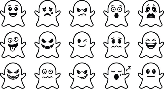 Cute Halloween Ghost Emoji Doodle Bundle Hand Drawn Kawaii Spooky Expression Character Set Black and White Vector Illustration