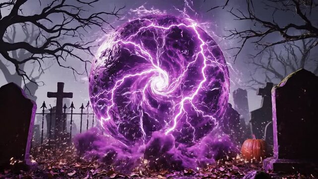 A massive purple lightning storm swirls over a spooky graveyard at night with tombstones and bare trees