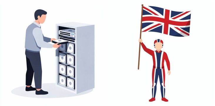 British man handing over hard drives to Union Jack flag character