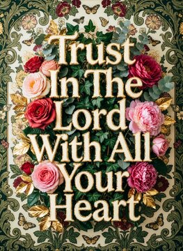 Trust In The Lord With All Your Heart Bible Verse Typography with Floral Roses Background