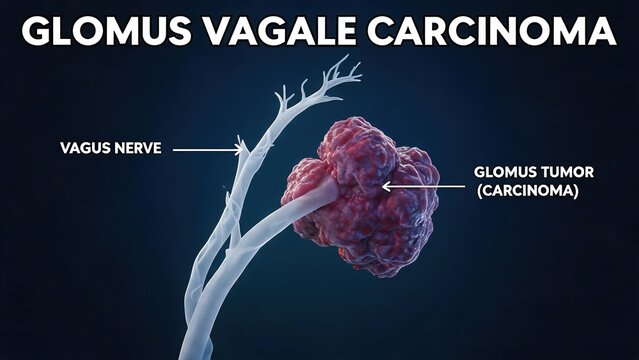 Labeled 3D Anatomical Diagram of Glomus Vagale Carcinoma, Translucent Branching Vagus Nerve Connected to Large Lobulated Glomus Malignant Tumor Mass, Dual Side Arrow Text Markers Dark Deep Blue Medica