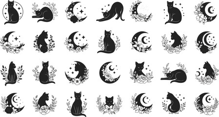 Fototapeta premium Mystical Black Cat Silhouette and Celestial Crescent Moon Icon Mega Pack with Ornate Floral Vines Roses and Sparkly Stars for Witchy Tattoos and Logo Designs