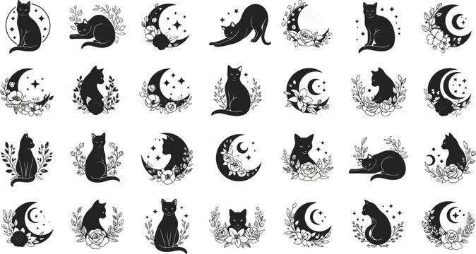 Mystical Black Cat Silhouette and Celestial Crescent Moon Icon Mega Pack with Ornate Floral Vines Roses and Sparkly Stars for Witchy Tattoos and Logo Designs