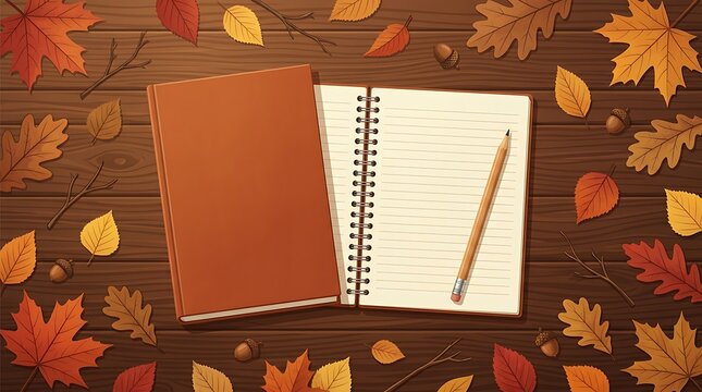 Open notebook and pencil on dark wooden surface with autumn leaves