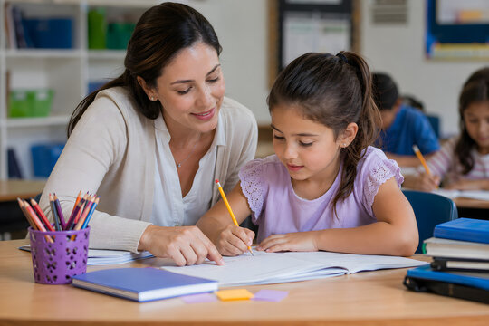 Female teacher helping a young girl with her schoolwork at a desk in a bright primary school classroom with school supplies